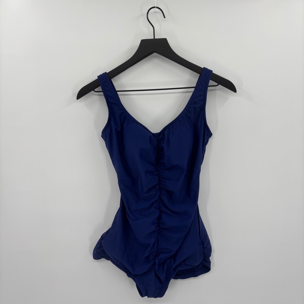 Maxine of Hollywood One Piece Swimsuit Women 8 Blue Ruched V-Neck Tummy‎ Control